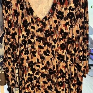 Avenue Abstract Animal Print V-Neck Top in Tan, Black & Rust